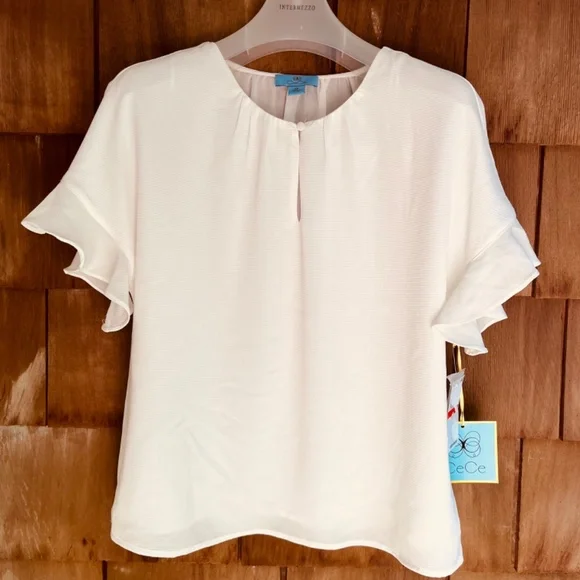 CeCe Women's Drop Shoulder Wide Neck Ruched Blouse Color: New Ivory Size XS - Picture 5 of 16